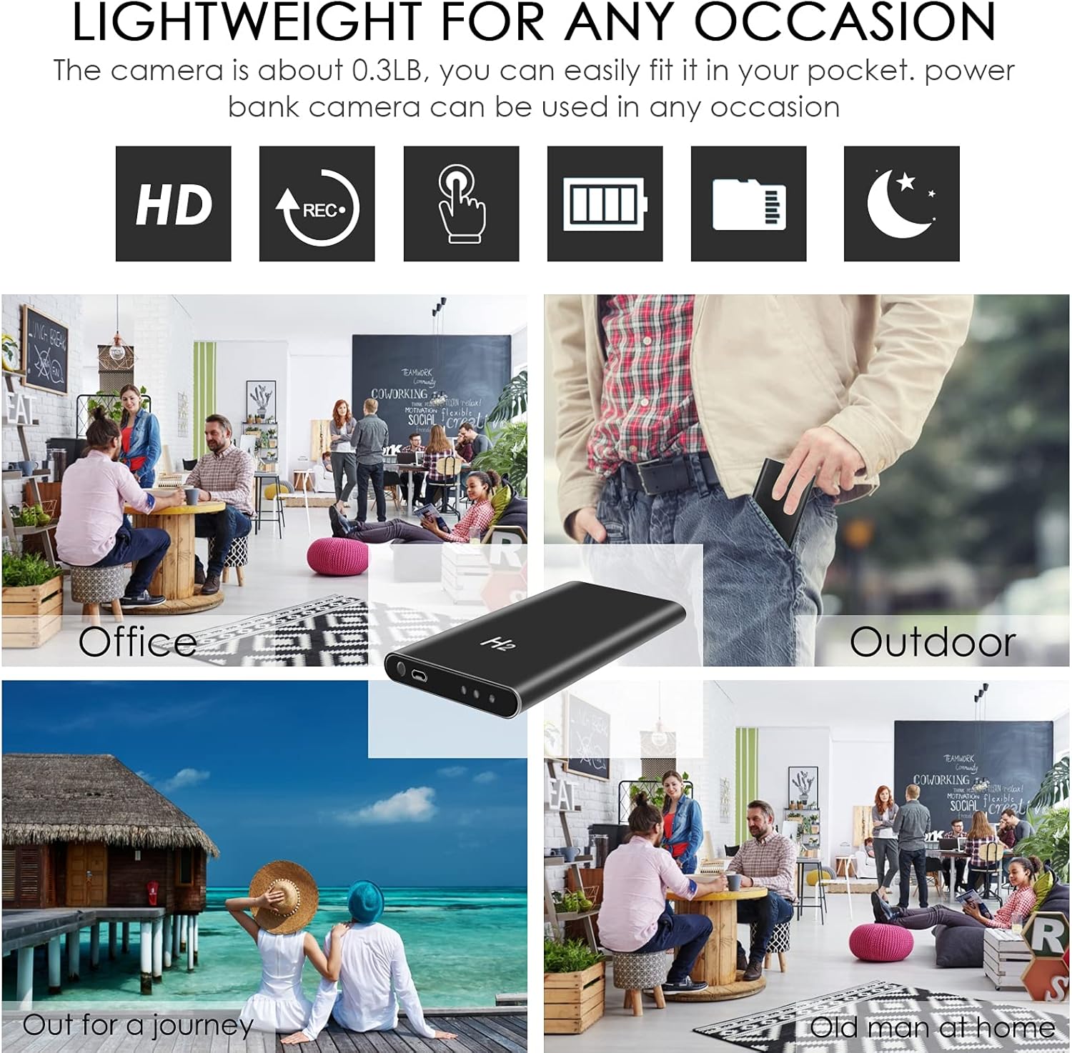 10000mAh Power Bank Nanny Cam for Home, Room, Office, No WiFi